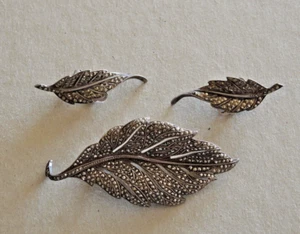 VINTAGE AUSTRALIAN STERLING SILVER & MARCASITE LEAF BROOCH + EARRINGS 33gms #16 - Picture 1 of 5