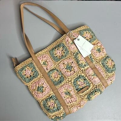 Lucky Brand Boho Straw Floral Ella Shoulder Bag Tote Purse Green Pink Tan NWT - Image 1 of 4