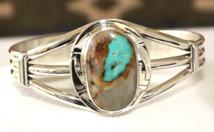 Signed Navajo Made Sterling Silver Boulder Turquoise Bracelet - Picture 1 of 6