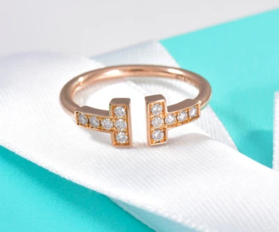 $2,925 Talla 4.5 Tiffany & Co Diamante Oro Rosa T Anillo de Alambre Cuadrado en Caja Bolsa Foto 1 de 4