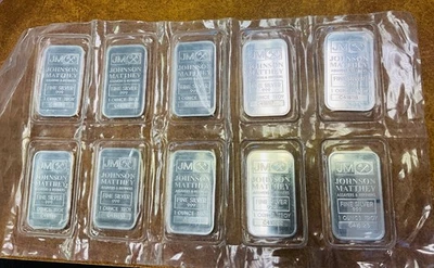 Hoja sellada JM de 10 barras de plata fina Johnson Matthey de 1 oz troy .999. Foto 1 de 3