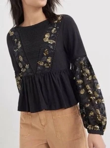 Anthropologie Medium Black Sequined Peplum Top Embellished Balloon Sleeves - Picture 1 of 13