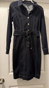 WHBM Stretch Denim Shirt Dress Women’s Sz 4 Corset Belt Knee Length Dark Indigo - Afbeelding 1 van 11