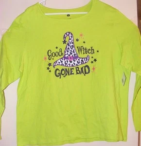 CAMISA DE MUJER HALLOWEEN VERDE GRANDE 12-14 LETRAS BRILLANTES BUENA BRUJA GONE MALA NUEVA - Imagen 1 de 3