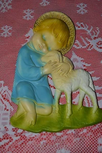 Vintage Italy Angel child holding Lamb chalkware Wall Plaque ~ Cute - Picture 1 of 9