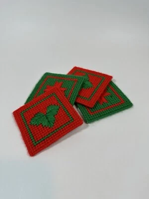 Vintage Set Of 4 Holiday Coasters Trivets Plastic Needlepoint Handmade Christmas - Image 1 of 3