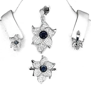 Blue Sapphire Set Silver 925. Pendant + Chain, Ring, Earrings - Picture 1 of 1