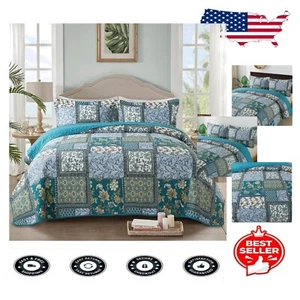 Chic Reversible King Size Quilt Set - Floral Paisley Pattern Elegance - Picture 1 of 11