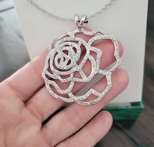Suzanne Somers Rose Pendant w/ Necklace CZ 925 Sterling Silver Large Flower NIB - Picture 1 of 8