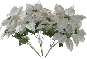 (3 Bushes) Sheer Silver Poinsettias 13" Silk Flower Home Christmas Holiday Decor - Picture 1 of 6