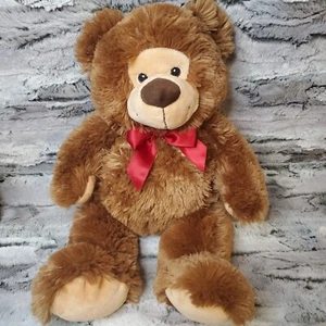Petting Zoo 16" Fluffy Brown Plush Teddy Bear Satin Red Ribbon Valentine's Day - Picture 1 of 9