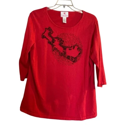 Quacker Factory Women's Size 1X Red Beaded Sleigh & Reindeer Christmas Sweater - Image 1 of 4