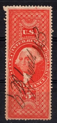US R89d Used VF $5 red Conveyance, silk paper, perf Revenue ZAYIX 0825SB1741 - Image 1 of 2