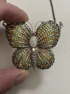 Sterling Silber Plique a Jour Schmetterling Halskette Rubin Opal 16 Zoll - Bild 1 von 5