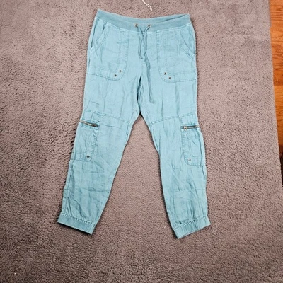 Pantalones de chándal cargo XCVI para mujer 34" con cordón azul mezcla de lino Foto 1 de 4