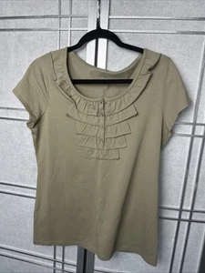 ANN TAYLOR Women’s Short Sleeve Top Olive Green Size L Ruffles - Picture 1 of 6