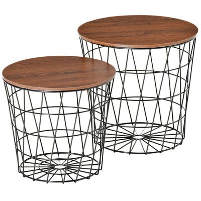 Metal Nesting End Table Set w/ Storage, Round Side Tables & Wood Removable Top - Image 1 of 4