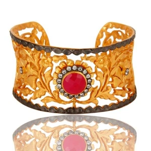 18k Gold Plated Chalcedony and Zircon Cuff Bangle Multi Stone Openable Bracelet - Picture 1 of 4