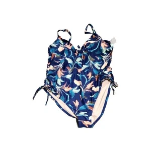 Mynah Womens XXL Lush Leaf One Piece Swimsuit Navy Blue Deep V Neck NWT/NEW - Picture 1 of 4