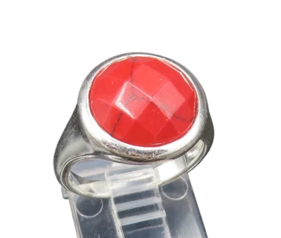 925 Sterling Silver  Vintage Faceted Cabochon Coral Ring Sz 6.5  RG25553 - Image 1 of 4