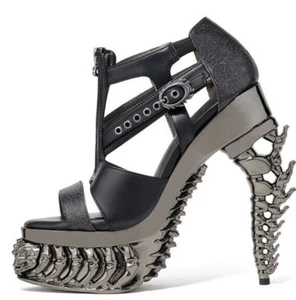 Hades CORRA Black Strappy Sandal 5" Dragon Tail Heel 1.5" Bone Metallic Platform - Picture 1 of 6