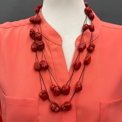 Red Stones Brown Cord Women's Fashion Necklace NWOT  - Image 1 of 2