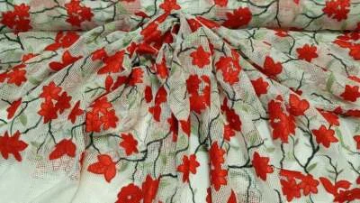White mesh Red Satin flowers floral embroidered Prom fabric sold by the yard gow - Image 1 of 4