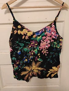Blusa sin mangas Cynthia Rowley Top Pequeña Negra Hawaiana Tropical Resort Costero Delgada - Imagen 1 de 3