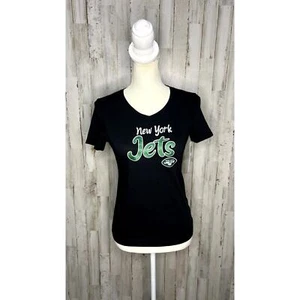 NWT New York Jets Youth Girl's Black V-Neck T-Shirt Sparkly Logo Size Small - Picture 1 of 4