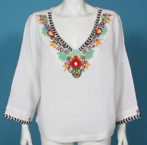 Soft Surroundings Fiesta Tunic Top White Linen Embroidered Beading XL Boho /854 - Picture 1 of 6