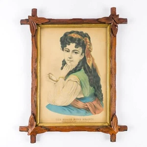 c 1870 Currier & Ives Black Eyed Beauty Lithograph Hand Colored Adirondack Frame - Picture 1 of 7