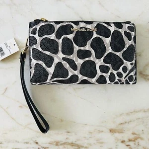 MICHAEL KORS Jet Set Black Multi Leather Logo Print Double Zip Wallet Wristlet - Picture 1 of 9