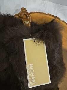 MICHAEL KORS Genuine Fur Cuff  Leather Gloves  Brown Cashmere Lined Sz 7 - Picture 1 of 14