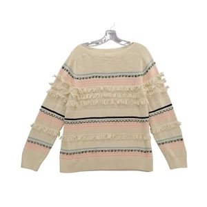 LOFT Fringe Striped Sweater Knit Pullover Cotton Long Sleeve Cream Pink Blue L - Picture 1 of 8