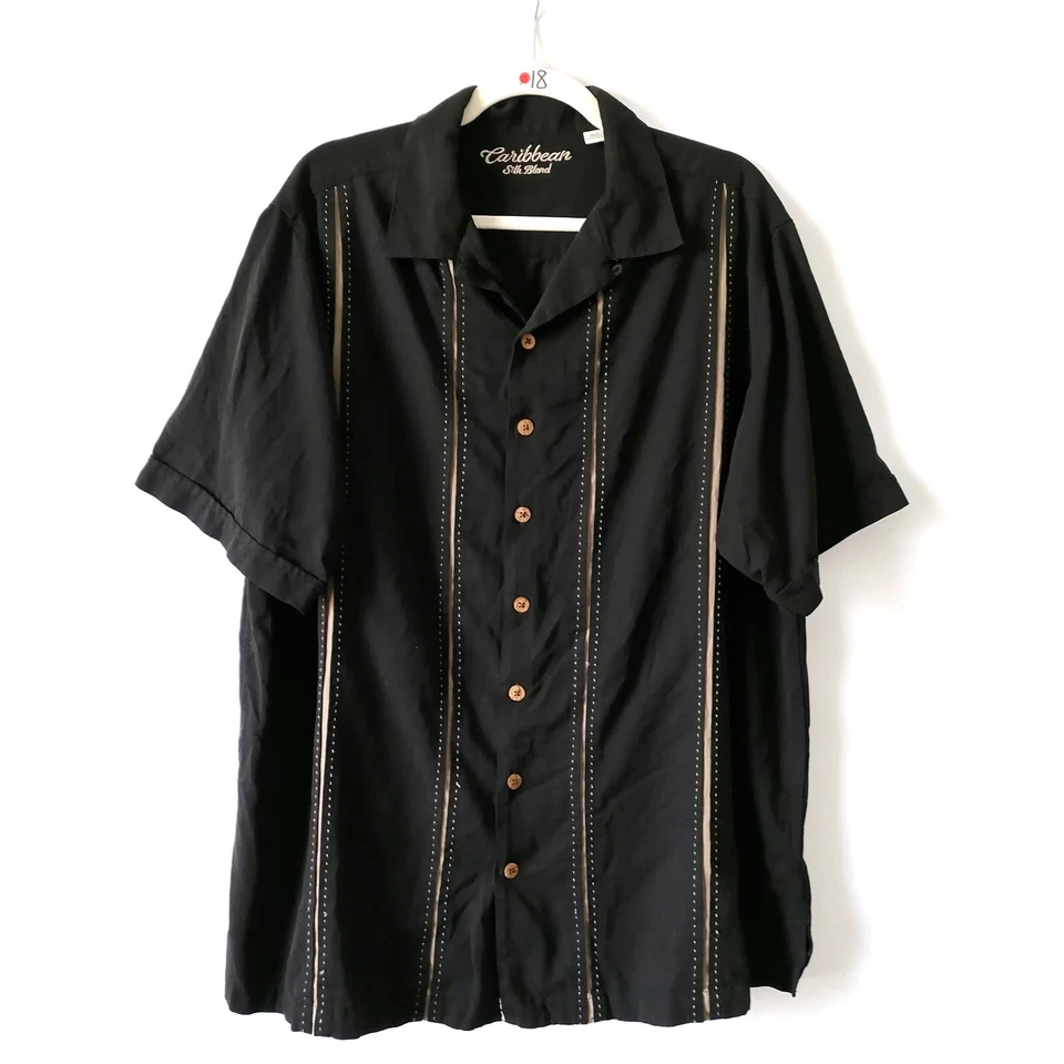 Camisa Caribeña Para Hombres Negra Blanca Rayas Seda Manga Corta Abotonada Talla XLT Foto 1 de 4
