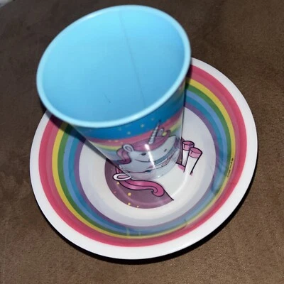 2 tlg. Kinder Ess Geschirr Set  aus Müslischlüssel / Tasse Regenbogen Einhorn - Bild 1 von 4