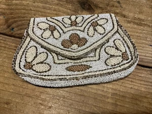 Vintage Elfenbein & Gold Blumen Perlen kleine Clutch Tasche 6 x 3,75 Etikett Frankreich - Bild 1 von 9