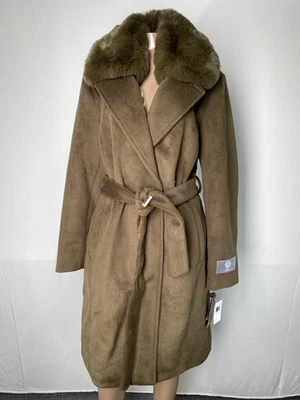 Vince Camuto Womens Coat Olive Green Size L Belted Faux Fur Collar Wool Blend - Image 1 of 4