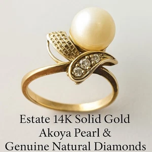 Nachlass 14K massiv Gelbgold, echte Akoya Perle & natürliche Diamanten 3,24 gm - Bild 1 von 6