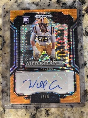2025 Panini Prizm Draft Picks Will Campbell Orange Pulsar Auto /75 - Imagem 1 de 2