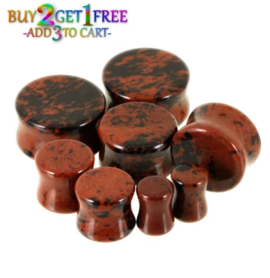 Par de tapones de piedra obsidiana caoba 8g-1" medidores de doble llamarada oreja orgánica 1525 Foto 1 de 3