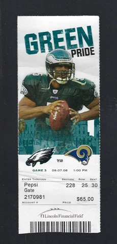DESHAUN JACKSON DEBUT - 2008 NFL ST LOUIS RAMS @ PHILADELPHIA EAGLES TICKET STUB Cover