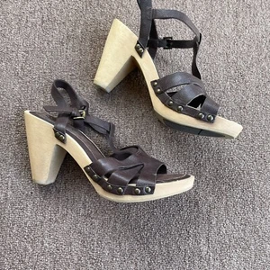 Via Spiga brown leather strappy heels wood clog sandals Size 6 - Picture 1 of 7