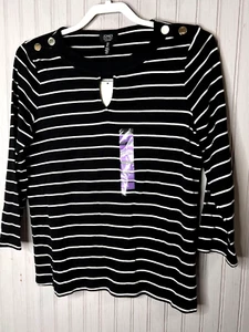 Jones NY Signature Womens SHIRT S Black White Striped Cotton Keyhole Career NEW - Picture 1 of 12