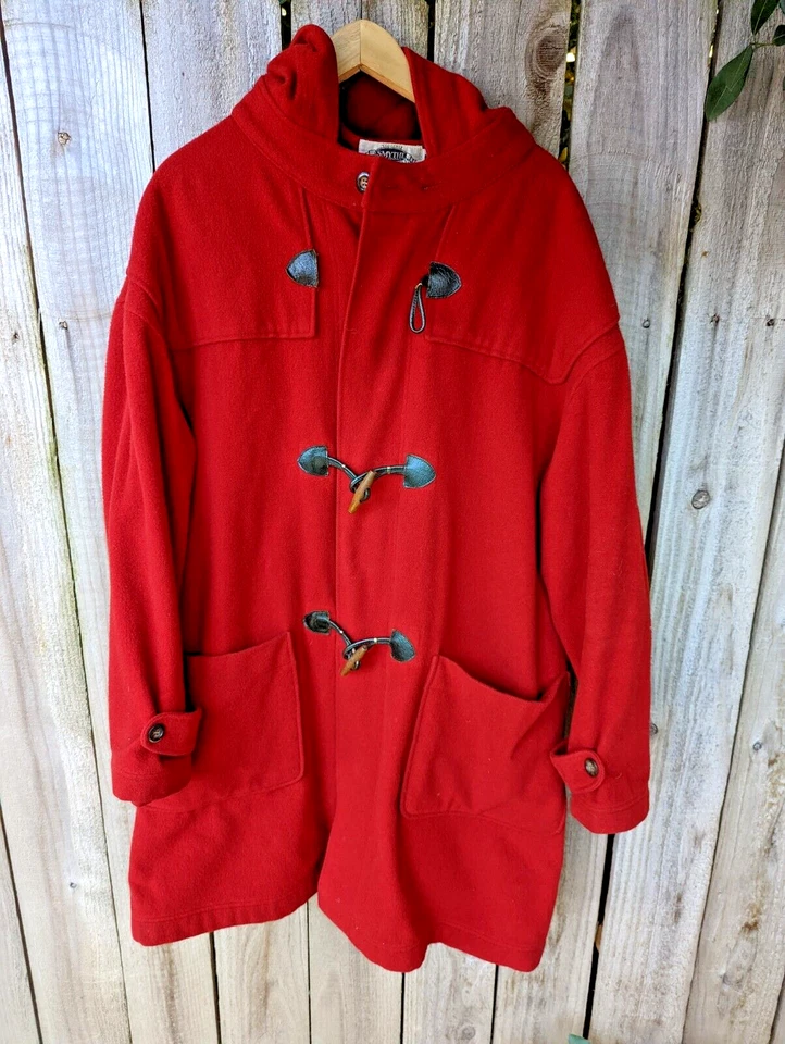 Smythe & Co. Coat Duffle Classic Felted Wool Hooded Toggle Closure Red Mediium - Image 1 of 4