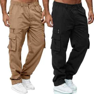 Men Loose Pockets Pants Casual Baggy Cargo Trousers Elasticated Combat Joggers - Picture 1 of 28