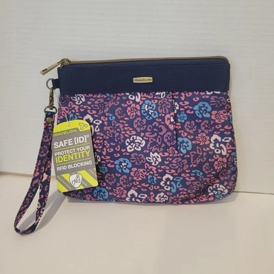 Porta-cartão Travelon Wristlet embreagem bloqueio RFID identificação segura floral azul e rosa  - Imagem 1 de 4