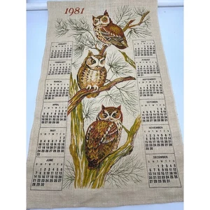Vintage Owl Print Linen Needlepoint 1981 wall calendar with hanger 26" - Picture 1 of 2