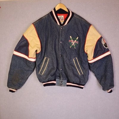Vintage Powers Varsity Jacket Size L Denim Leather Baseball PB Patch 90s Style - Image 1 of 4