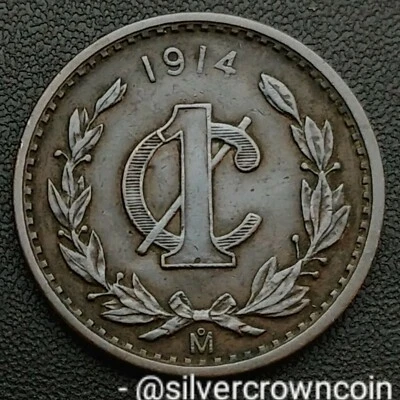Mexico 1 Centavo 1914 Mo. KM#415. Bronze One cent coin. Eagle Snake. WWI.  - Image 1 of 4